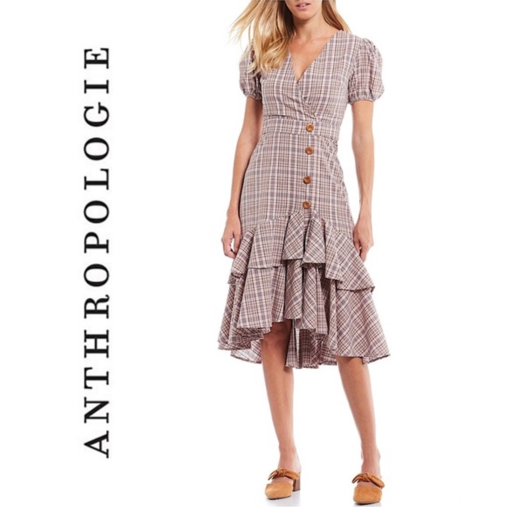 ENGLISH FACTORY PLAID PUFF SLEEVE RUFFLED WOOD BUTTON DETAILS DRESS SIZE SMALL - Picture 2 of 14